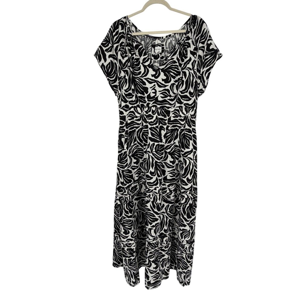 Nicole Miller New York XL Black White Floral Linen Blend Tiered Maxi Dress